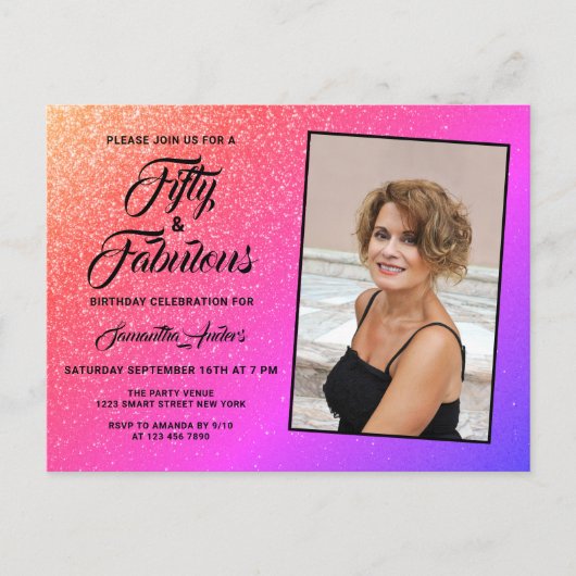 50 en Fabulous Elegant Pink Glitter Foto  Uitnodiging Briefkaart (Voorkant)