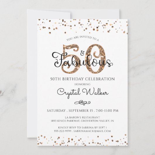 50 EN FABULOUS Elegant Script Black Gold Confetti Kaart (Voorkant)