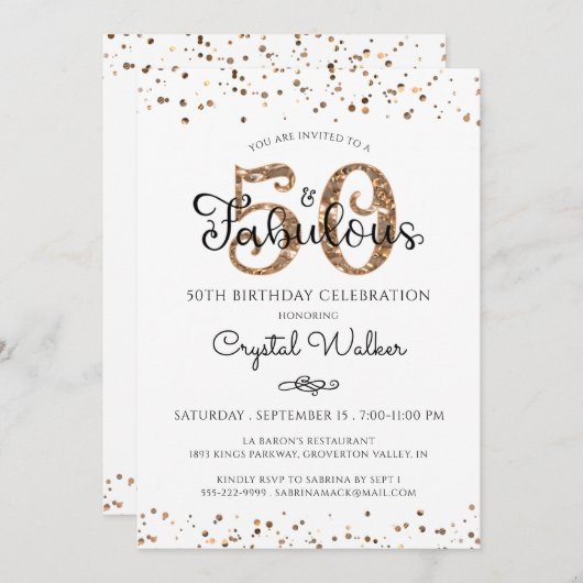50 EN FABULOUS Elegant Script Black Gold Confetti Kaart (Voorkant / Achterkant)