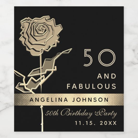 50 en Fabulous Elegant Zwart & Goud Roos Bloem Wijn Etiket (Enkel label)