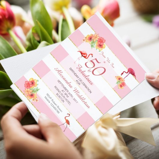 50 en Fabulous Flamingos Tropical Pink Birthday Kaart