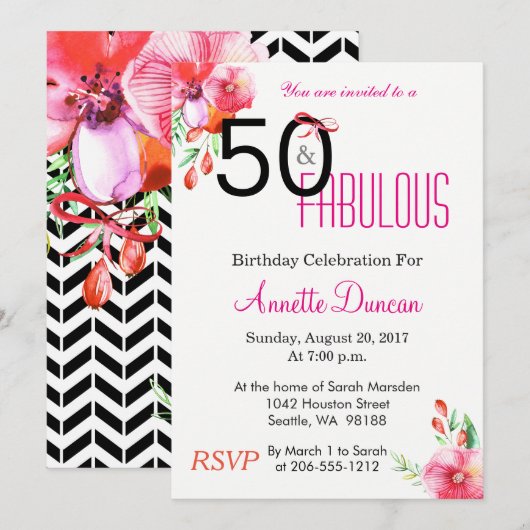 50 en Fabulous Floral 50th Birthday Invitation Kaart (Voorkant / Achterkant)