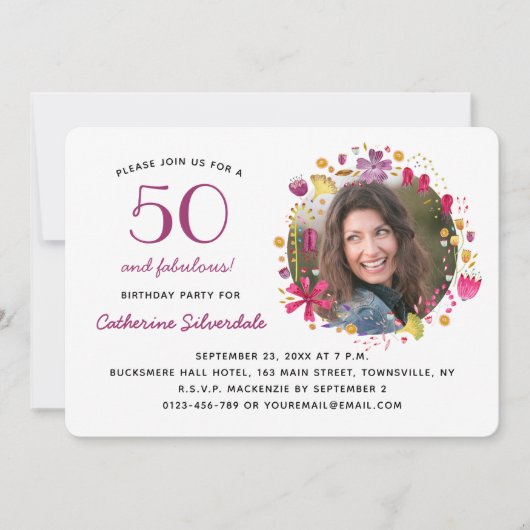 50 en Fabulous Floral Foto Verjaardagsfeest Kaart (Voorkant)