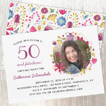 50 en Fabulous Floral Foto Verjaardagsfeest Kaart<br><div class="desc">50 en Fabulous ,  moderne botanische florale waterverf rond de foto van het verjaardagsmeisje. De rug kenmerkt een al over floreel patroon om aan te passen. Verander de foto,  de details en zelfs de leeftijd om aan te passen. Foto: Photography © Storytree Studios,  Stanford,  CA</div>