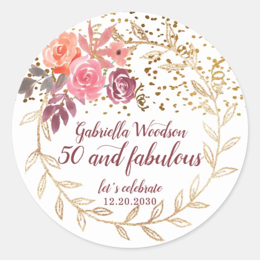 50 en Fabulous Floral Pink Marsala Glitter Ronde Sticker (Voorkant)
