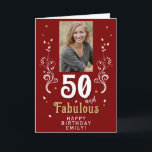 50 en Fabulous Foliage 50th Birthday Foto Kaart<br><div class="desc">50 and Fabulous Foliage 50th Birthday Photo Card. 50 en fantastische tekst in trendy wit script met een naam en wit gebladerte op een rode achtergrond. Personaliseer het met uw foto,  jouw naam en de leeftijd. Voeg jouw tekst toe aan de kaart of wis deze.</div>
