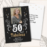 50 en Fabulous Foliage 50th Birthday Foto Kaart<br><div class="desc">50 en Fabulous Foliage 50th Verjaardag Fotokaart. 50 en fabelachtige tekst in trendy wit schrift met een naam en wit gebladerte op een zwarte achtergrond. Personaliseer het met je foto,  jouw naam en de leeftijd. Voeg jouw tekst op de achterkant van de kaart toe of wis het.</div>