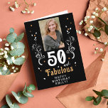 50 en Fabulous Foliage 50th Birthday Foto Kaart<br><div class="desc">50 en Fabulous Foliage 50th Birthday Photo Card. 50 en fantastische tekst in trendy wit manuscript met een naam en witte blad op een zwarte achtergrond. Pas het aan met je foto,  jouw naam en leeftijd. Voeg jouw tekst in de kaart toe of verwijder deze.</div>