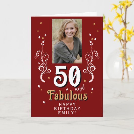 50 en Fabulous Foliage 50th Birthday Foto Kaart (Gele Bloem)