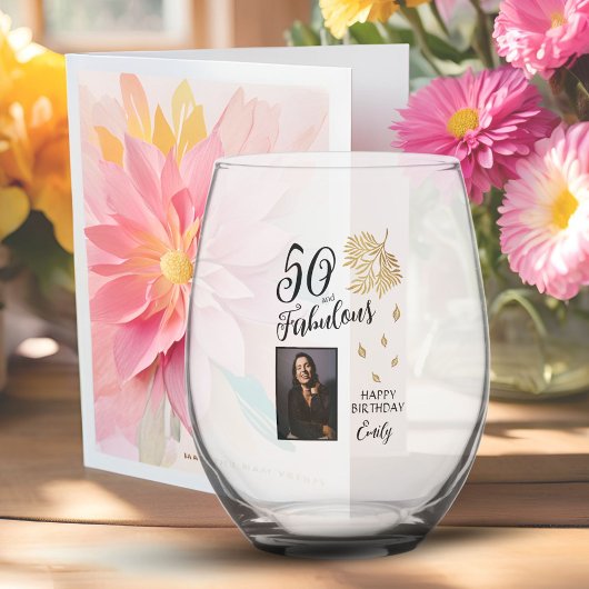 50 en Fabulous Foliage 50th Birthday Foto Wijnglas Zonder Voet