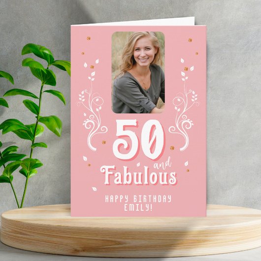 50 en Fabulous Foliage Pink Foto 50th Birthday Kaart