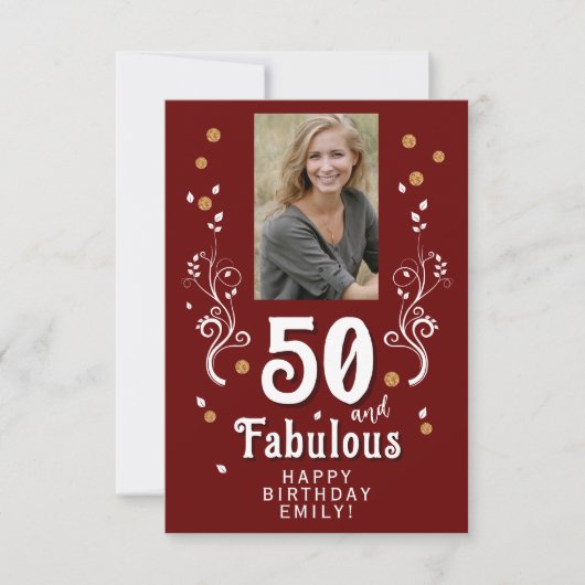 50 en Fabulous Foliage Red 50th Birthday Foto Kaart (Voorkant)