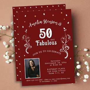 50 en Fabulous Foliage Red 50th Birthday Foto Kaart