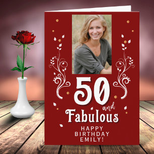50 en Fabulous Foliage Red 50th Birthday Foto Kaart