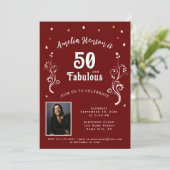 50 en Fabulous Foliage Red 50th Birthday Foto Kaart (Staand voorkant)