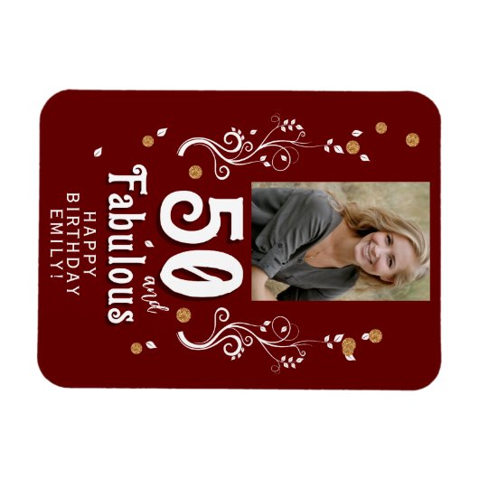 50 en Fabulous Foliage Red 50th Birthday Foto Magneet (Horizontaal)