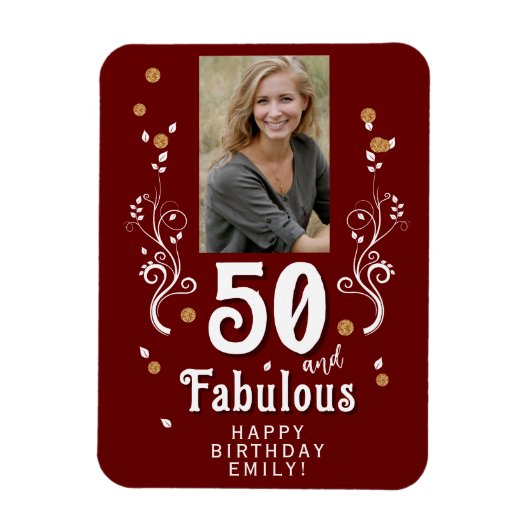 50 en Fabulous Foliage Red 50th Birthday Foto Magneet (Verticaal)