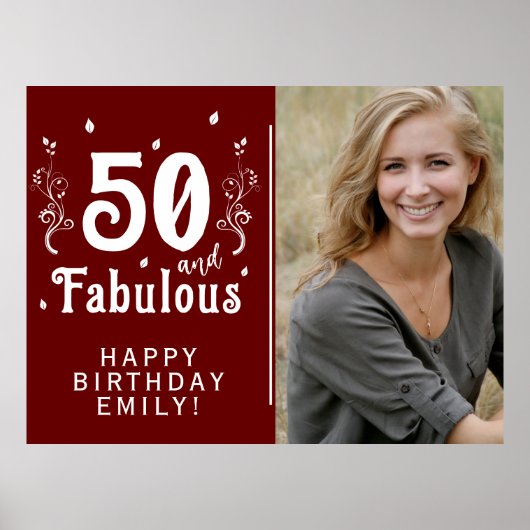 50 en Fabulous Foliage Red 50th Birthday Foto Poster (Voorkant)