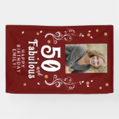 50 en Fabulous Foliage Red 50th Birthday Foto Spandoek (Horizontaal)