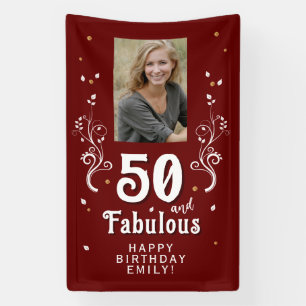 50 en Fabulous Foliage Red 50th Birthday Foto Spandoek