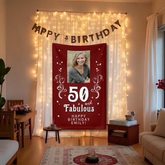 50 en Fabulous Foliage Red 50th Birthday Foto Spandoek