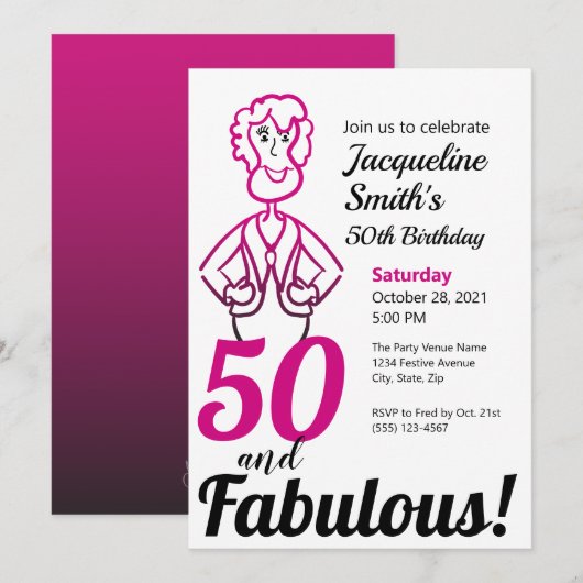50 en Fabulous Funny Pink and Black Lady Kaart (Voorkant / Achterkant)