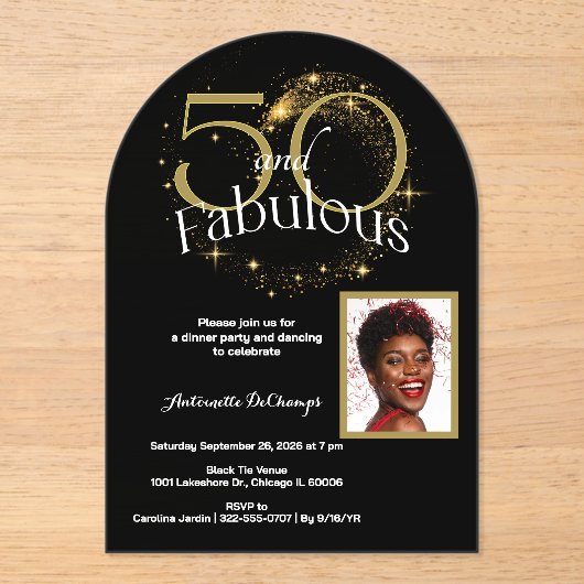 50 en Fabulous Gepersonaliseerd foto Zwart Goud Acryl Uitnodigingen (Voorkant)