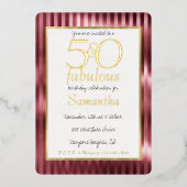 50 en Fabulous Glam Gold Red Stripes Verjaardag Folie Uitnodiging (Voorkant)