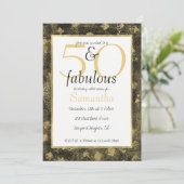 50 en Fabulous Glam Goud Zwart Party Invite Kaart (Staand voorkant)
