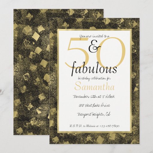 50 en Fabulous Glam Goud Zwart Party Invite Kaart (Voorkant / Achterkant)