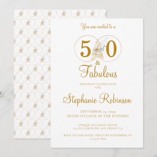 50 en Fabulous Gold 50th Birthday Party Kaart (Voorkant / Achterkant)