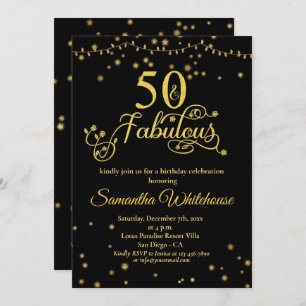 50 en Fabulous Gold Black Glitter    BirthdayInvi Kaart