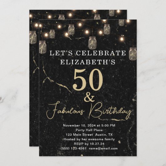 50 en Fabulous Gold Black Marble Mason Jar Lights Kaart (Voorkant / Achterkant)