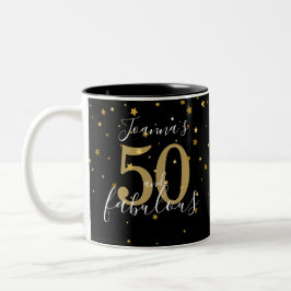 50 en Fabulous Gold Black Script 50th Birthday Tweekleurige Koffiemok