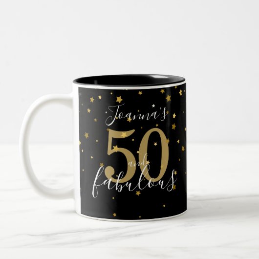 50 en Fabulous Gold Black Script 50th Birthday Tweekleurige Koffiemok (Links)