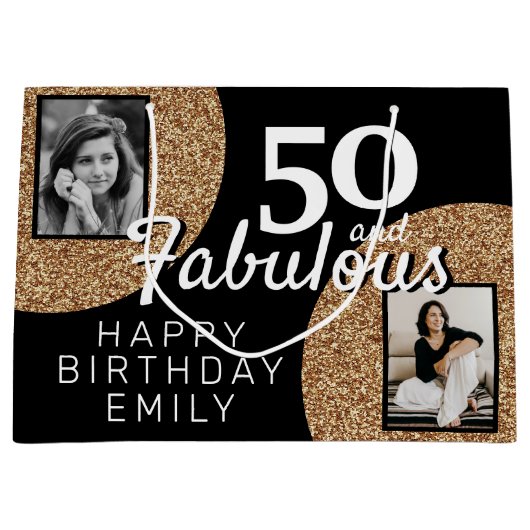 50 en Fabulous Gold Glitter 2 Foto 50e verjaardag Groot Cadeauzakje (Voorkant)