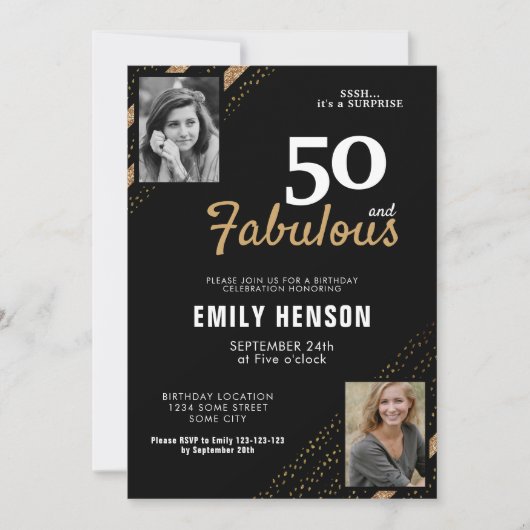 50 en Fabulous Gold Glitter 2 Foto 50e verjaardag Kaart (Voorkant)