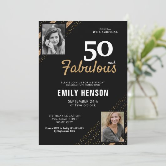50 en Fabulous Gold Glitter 2 Foto 50e verjaardag Kaart (Staand voorkant)