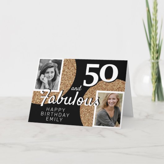 50 en Fabulous Gold Glitter 2 Foto 50e verjaardag Kaart (Voorkant)