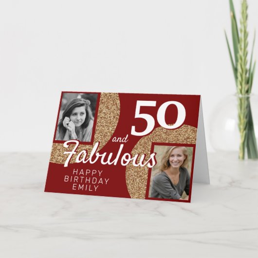 50 en Fabulous Gold Glitter 2 Foto 50e verjaardag Kaart (Voorkant)
