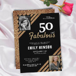 50 en Fabulous Gold Glitter 2 Foto 50e verjaardag Kaart<br><div class="desc">50 en Fabulous Gold Glitter 2 Foto 50th Birthday Surprise Party Invitation. Moderne en elegante zwarte en faux goudglitter verjaardag uitnodiging voor haar. Voeg uw foto's toe - u kunt een oude en een nieuwe foto gebruiken. U kunt alle tekst wijzigen.</div>