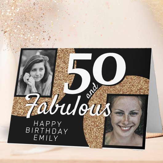 50 en Fabulous Gold Glitter 2 Foto 50e verjaardag Kaart