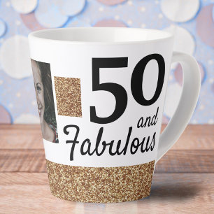 50 en Fabulous Gold Glitter 2 Foto 50e verjaardag Latte Mok