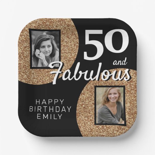 50 en Fabulous Gold Glitter 2 Foto 50e verjaardag Papieren Bordje (Voorkant)