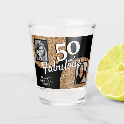 50 en Fabulous Gold Glitter 2 Foto 50e verjaardag Shot Glas (Voorkant)