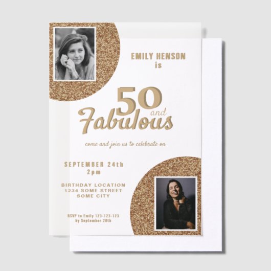 50 en Fabulous Gold Glitter 2 Foto 50e verjaardag Vellum Uitnodigingen (Offset)
