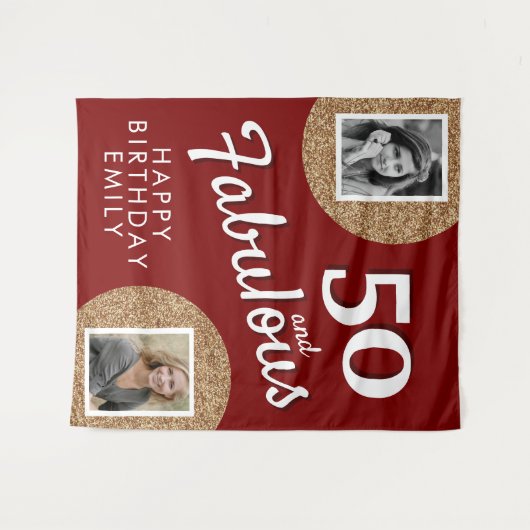 50 en Fabulous Gold Glitter 2 Foto 50e verjaardag Wandkleed (Voorkant (horizontaal))