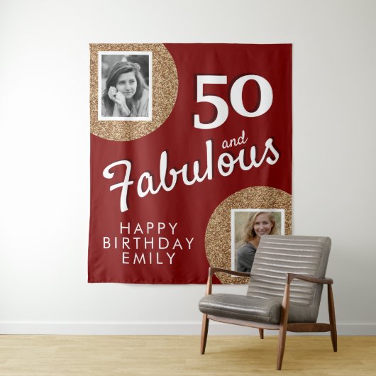 50 en Fabulous Gold Glitter 2 Foto 50e verjaardag Wandkleed (In situ)