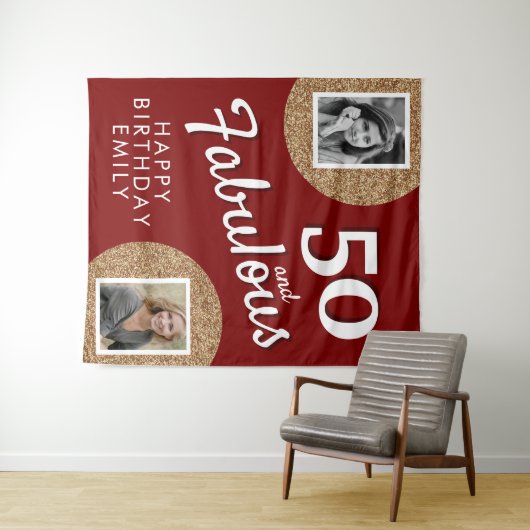 50 en Fabulous Gold Glitter 2 Foto 50e verjaardag Wandkleed (In Situ (horizontaal))