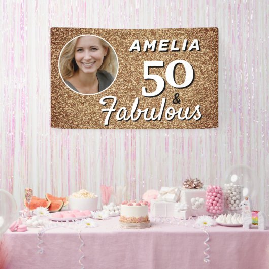 50 en Fabulous Gold Glitter 50th Birthday Foto Spandoek (Feest)